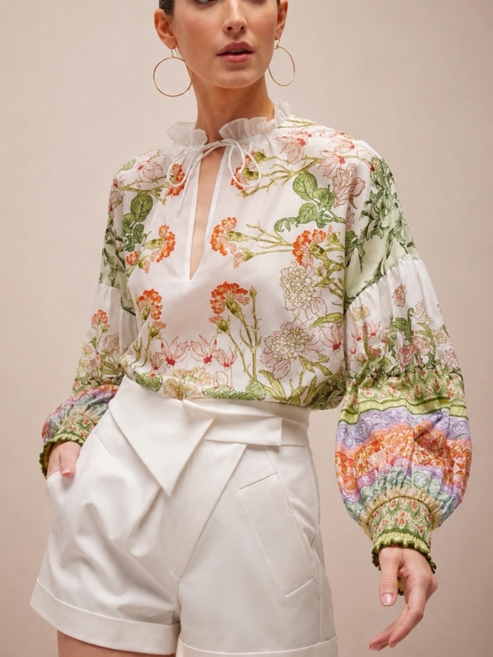 Alice + Olivia Julius Smocked Cuff Silk Blend Blouse XS